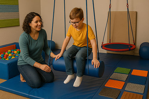 Sala de integração sensorial com balanços, redes e materiais de estimulação sensorial para crianças em Santo André e São Caetano
